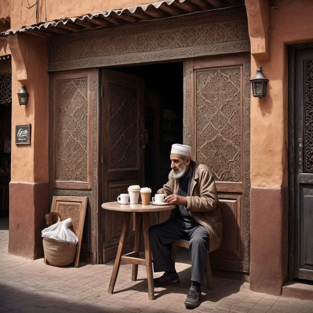 Prompt: Old style, man outside coffee shop in Morocco, highly detailed, dark background, photo realistic 