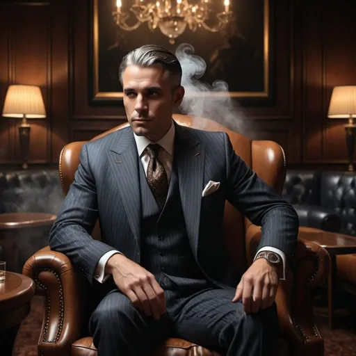 Prompt: Man in pinstripe three piece worsted, sitting in private club, darken room, muted light coming from behind, smoke, indoors