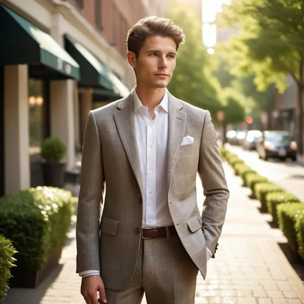 Prompt: @me plaid blazer, formal clothes, standing at calm street, sunlight coming from behind, natural light, afternoon sun, outdoor