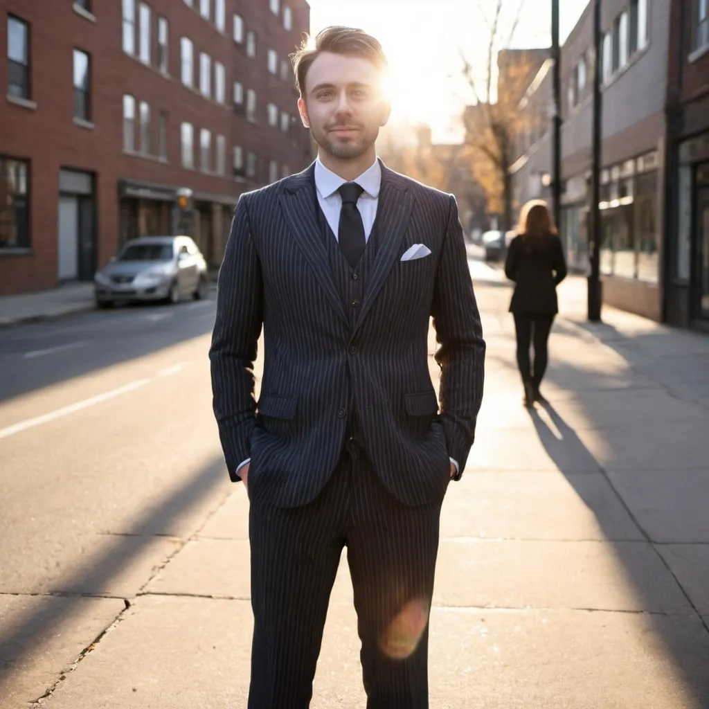 Prompt: @me pinstripe three piece worsted, standing at calm street, sunlight coming from behind, natural light, afternoon sun, outdoor