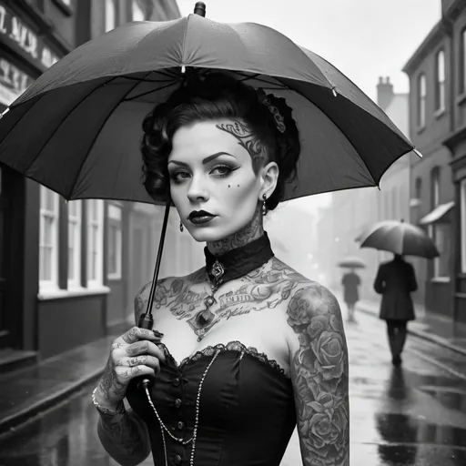 Prompt: Victorian dressed women with tattoos and piercings in Victorian looking street with umbrella, black and white