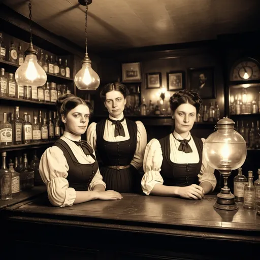 Prompt: Victorian Grainy photo style, women in gin shop, highly detailed, HD, dark background