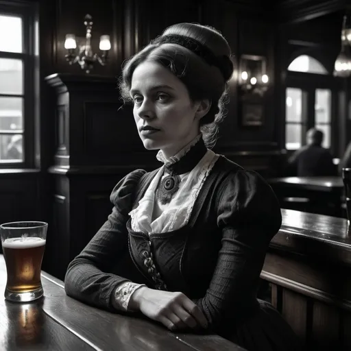 Prompt: Photo of Victorian woman sitting on a pub, dramatic in the style of Dirk Braeckman, B&W