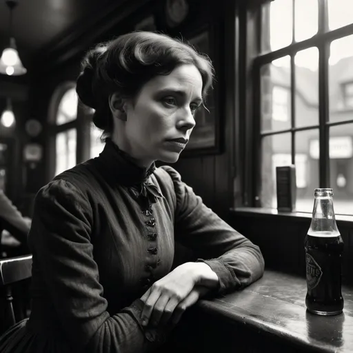 Prompt: Photo of Victorian woman sitting on a pub, dramatic in the style of Dirk Braeckman, B&W