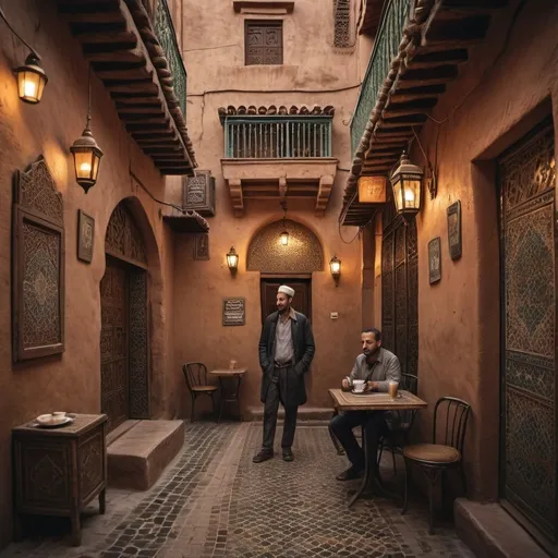 Prompt: Old style, man outside coffee shop in Morocco, highly detailed, dark background, photo realistic 