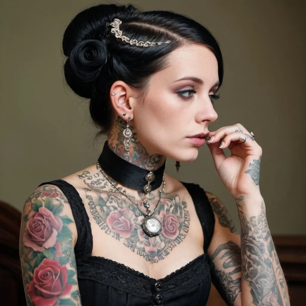 Prompt: Victorian dressed women with tattoos and piercings 