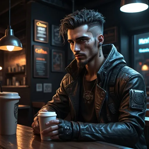 Prompt: Cyberpunk style, man in coffee shop, highly detailed, HD, dark background