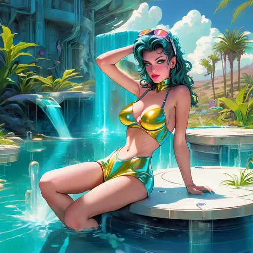 Prompt: a pin-up landscape with water oasis, shiny solarpunk colors, neofuturism, 1980s cli-fi, game cover art, character, 4k