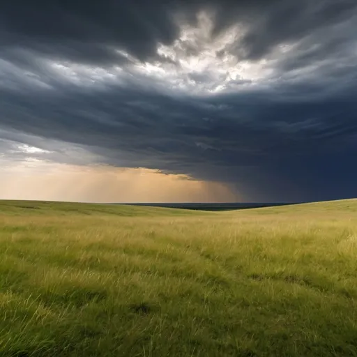 Prompt: Grassland, Dramatic sky, low horizon. 