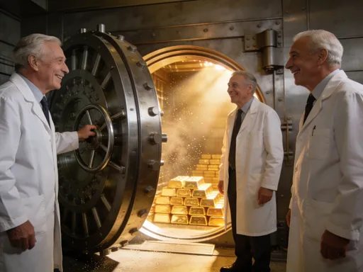 Prompt: 🎬 Video Prompt (copy into a video generator)

Scene description:
Three older male scientists (based on the uploaded photo), wearing white lab coats over formal clothes, stand in front of a massive steel bank vault door.

Action (4–6 seconds):

The scientists look at each other, smiling with anticipation

One of them turns a large vault wheel

The heavy vault door slowly swings open with dramatic lighting spilling out

Golden light reveals stacks of gold bars inside

They step slightly forward, impressed

Style:

Cinematic, realistic lighting

Slight slow motion

Sharp focus, shallow depth of field

Professional, high-end commercial look

Camera:

Medium-wide shot → slight push-in toward the vault as it opens

Optional Enhancement Prompt

Add this for extra polish:

“Warm golden glow from inside vault”

“Subtle dust particles in air”

“Soft dramatic music tone”