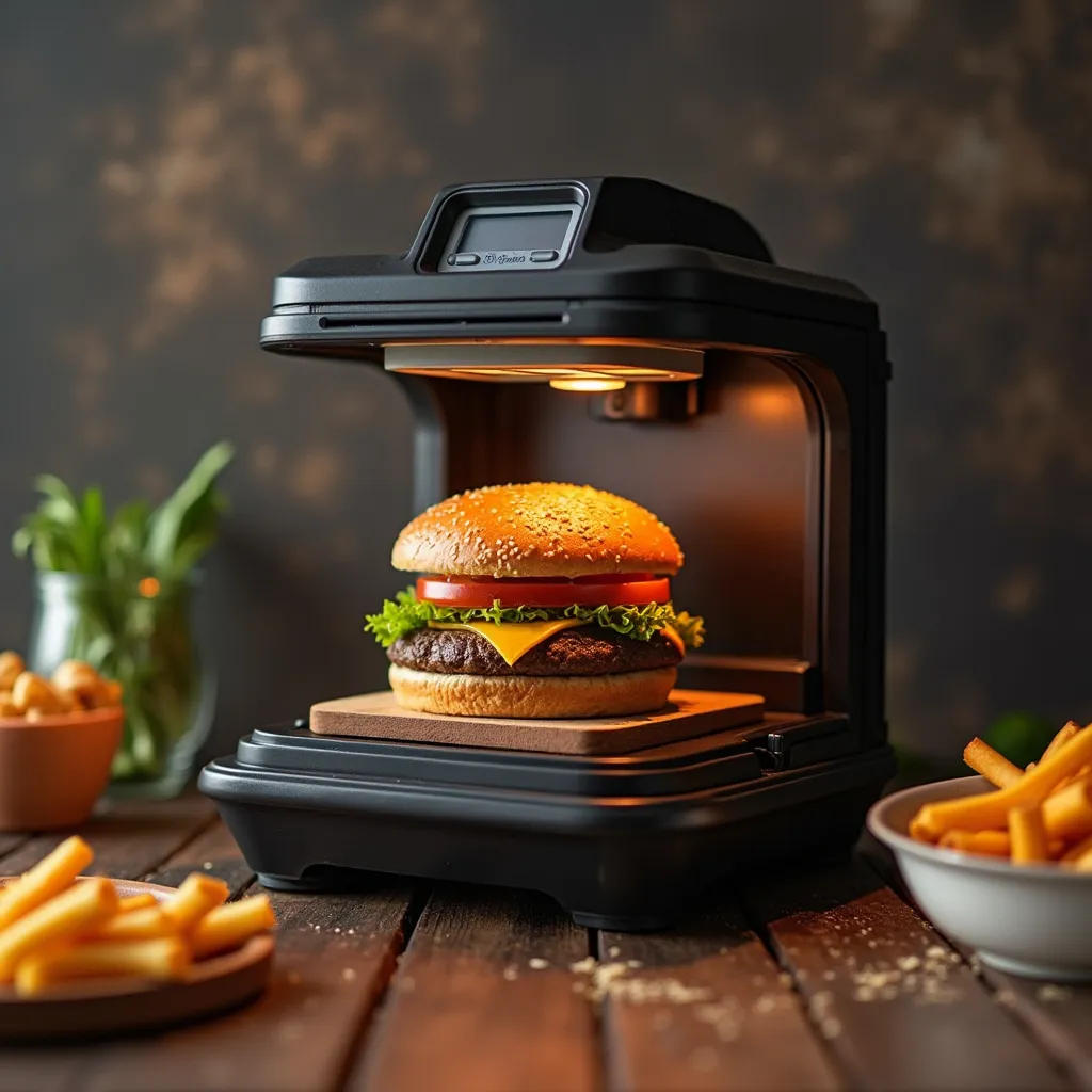 Prompt: open design food printer with burger inside