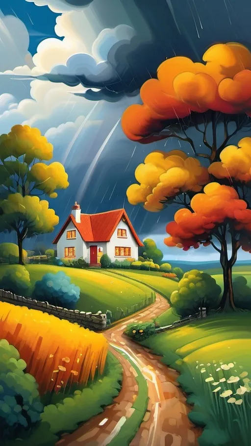 Prompt: Create a landscape of a serene countryside scene during a gentle summer rain. A cozy cottage with a red roof is nestled near a large, lush green tree. The sky is filled with dramatic, billowing clouds in vibrant shades of orange and yellow, illuminated by sunlight breaking through, creating a striking contrast with the dark blue rain clouds. A narrow, winding path leads to the cottage, bordered by wildflowers in bright red and orange hues, and rich green grass. Small puddles form from the rain along the path.
The overall atmosphere is peaceful and picturesque, with a harmonious blend of nature and tranquility, depicted in high. saturated colors to enhance the vividness and charm of the landscape.