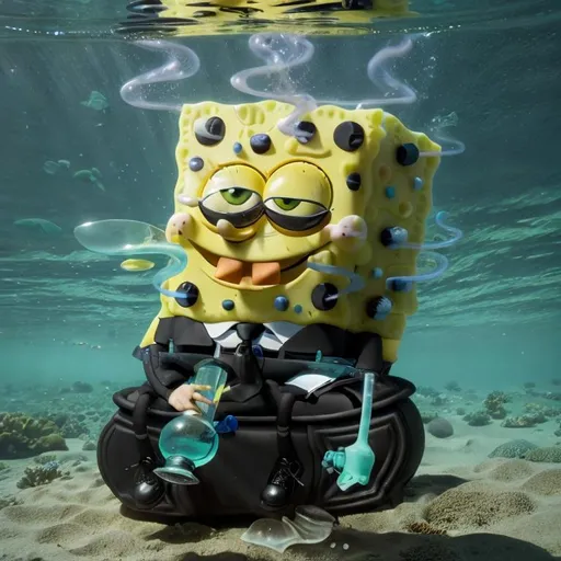 Prompt: 
cartoon character SpongeBob SquarePants casually holding a bong, dressed in a black suit and tie with a black fedora, against a colorful underwater background
