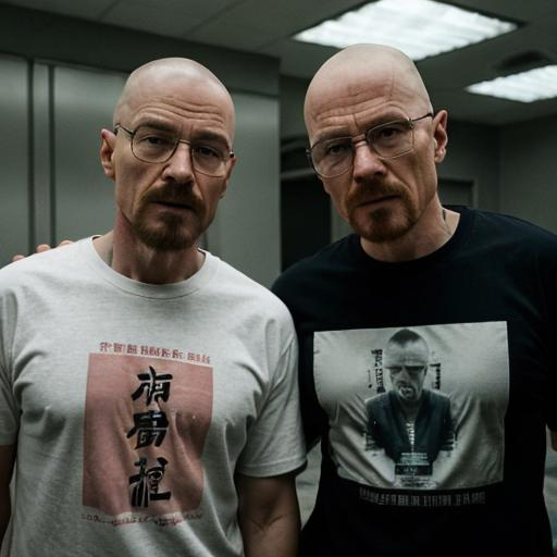 Prompt: realist walter white and jesse pinkman wearing an anime shirt with chinese text