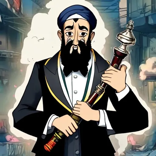 Prompt: cartoon character bin laden casually holding a bong, dressed with a tuxedo, with siria background