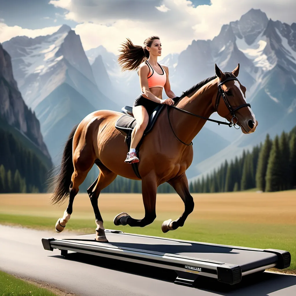 Prompt: create treadmill image on horse background mountains
