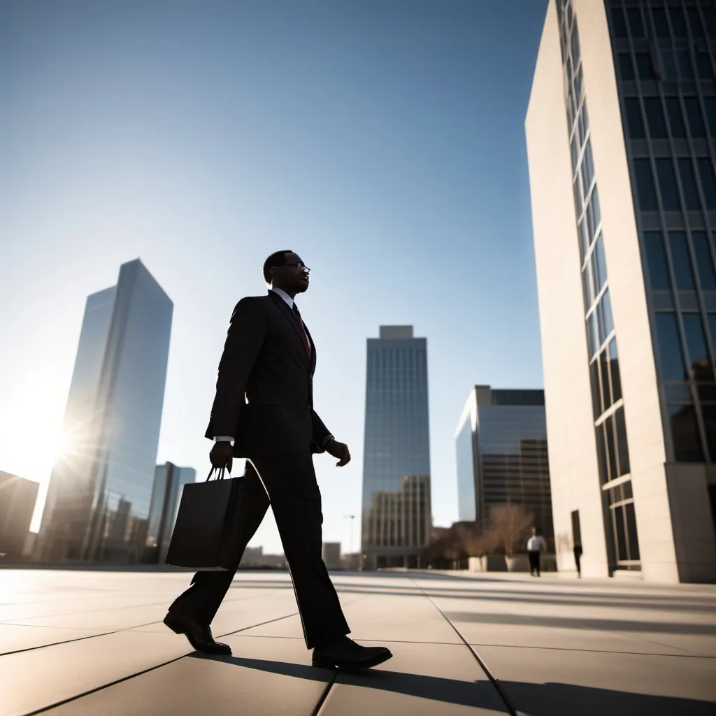 Prompt: A bright morning skyline with a black american office worker walking confidently into a building, symbolizing success at the start of the day.