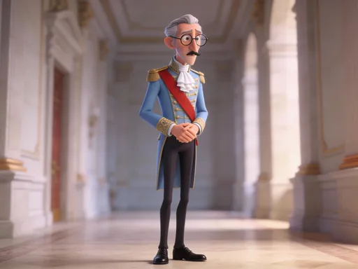 Prompt: full-body 3d render of a tall, thin grand duke, older man with a narrow face, pointed nose, small mustache and round glasses, slightly hunched posture, worried but loyal expression. wearing a light blue formal court uniform with gold trim, white cravat, red sash, slim dark trousers and black shoes. standing in a relaxed official pose with his hands lightly clasped in front of him, simple blurred palace corridor background, soft neutral lighting, stylized 3d animated character.