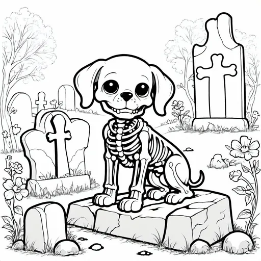 Prompt: precious skeleton puppy fetching a bone in a graveyard
