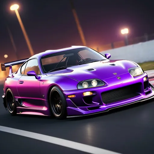 Prompt: Realistic rendering of a dynamic drifting Supra MK4, carbon hood, vibrant purple, high-quality, retro vibe, detailed car, intense motion blur, retro, carbon fiber, black accents, professional, atmospheric lighting