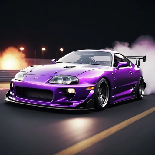 Prompt: Realistic rendering of a Supra MK4 drifting, vibrant purple, carbon hood, retro vibe, detailed car, high-quality, dynamic drifting, realistic, carbon fiber, black accents, intense motion blur, professional, atmospheric lighting, retro