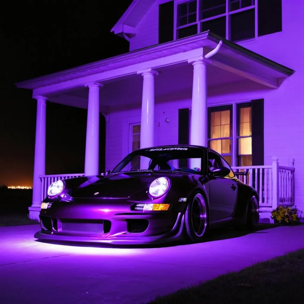 Prompt: porch 911 drifting, purple, night, underglow