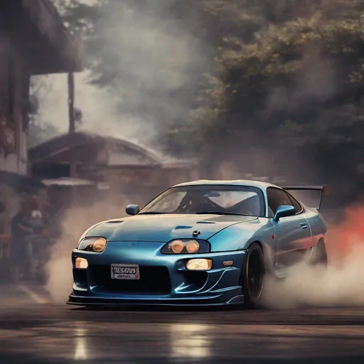 Prompt: Toyota Supra MK4 drifting in a retro setting, realistic, nostalgic vibes, high-quality, digital painting, detailed car model, dynamic drift, 90s aesthetic, realistic rendering, vintage car, detailed smoke effects, atmospheric lighting, black, 
 