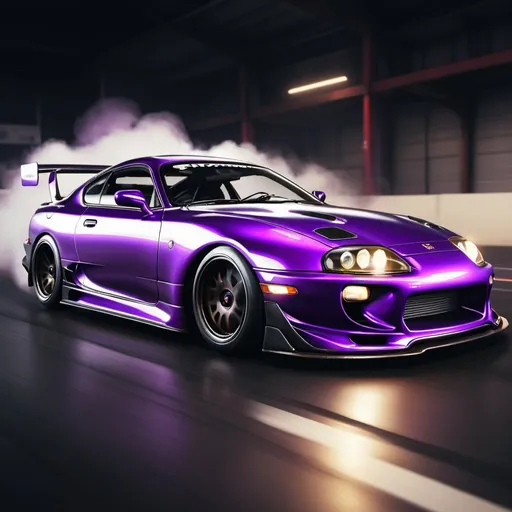 Prompt: Realistic depiction of a Supra MK4 drifting, retro vibe, carbon hood, vibrant purple, high-quality, detailed car, dynamic drifting, realistic rendering, retro, carbon fiber, black accents , intense motion blur, professional, atmospheric lighting