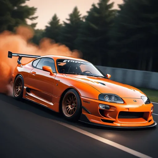 Prompt: Realistic depiction of a Supra MK4 drifting, retro vibe, carbon hood, vibrant orange, high-quality, detailed car, dynamic drifting, realistic rendering, retro, carbon fiber, vibrant orange, intense motion blur, professional, atmospheric lighting