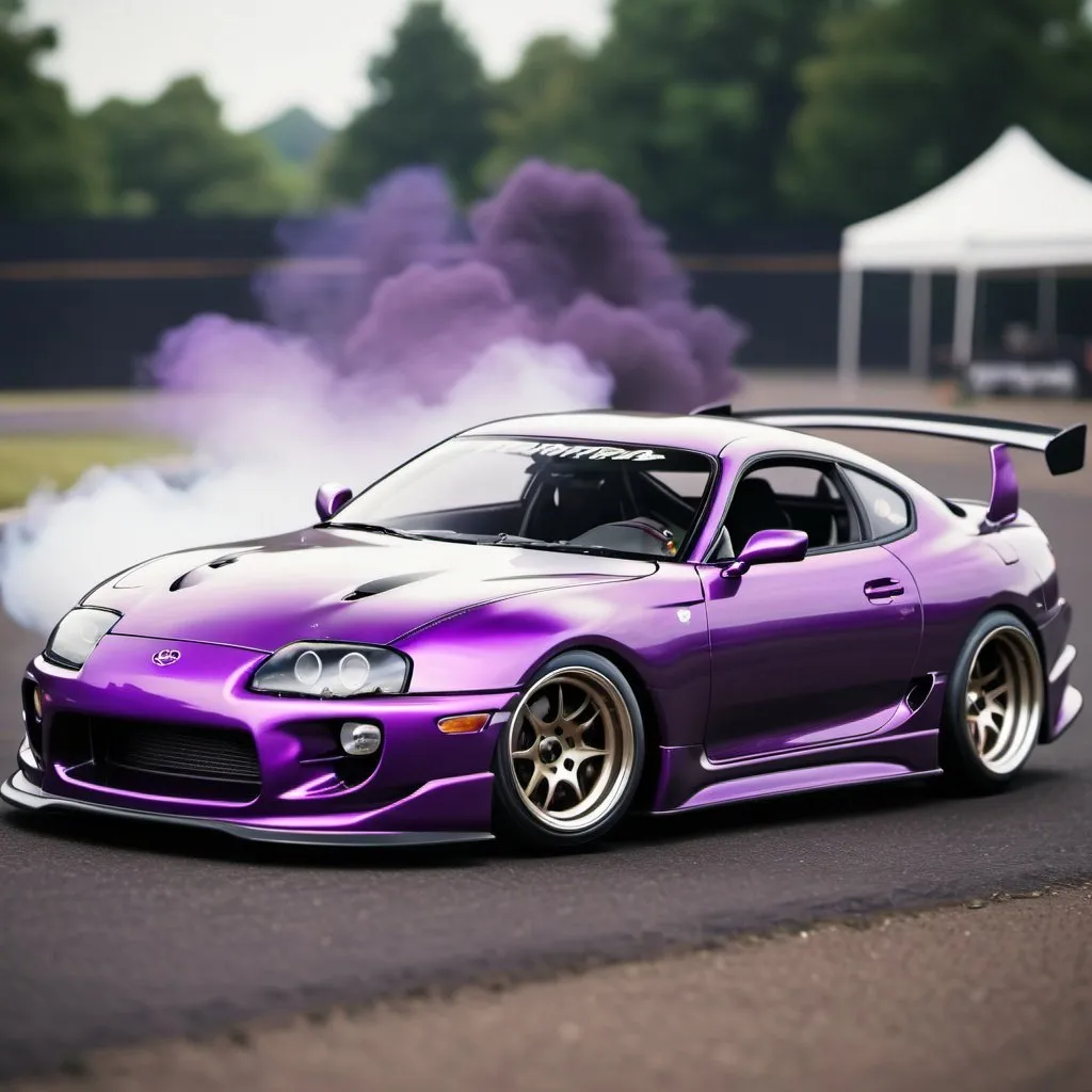 Prompt: toyota supra mk4, retro vibe, realistic,DRIFTING,purple and black,