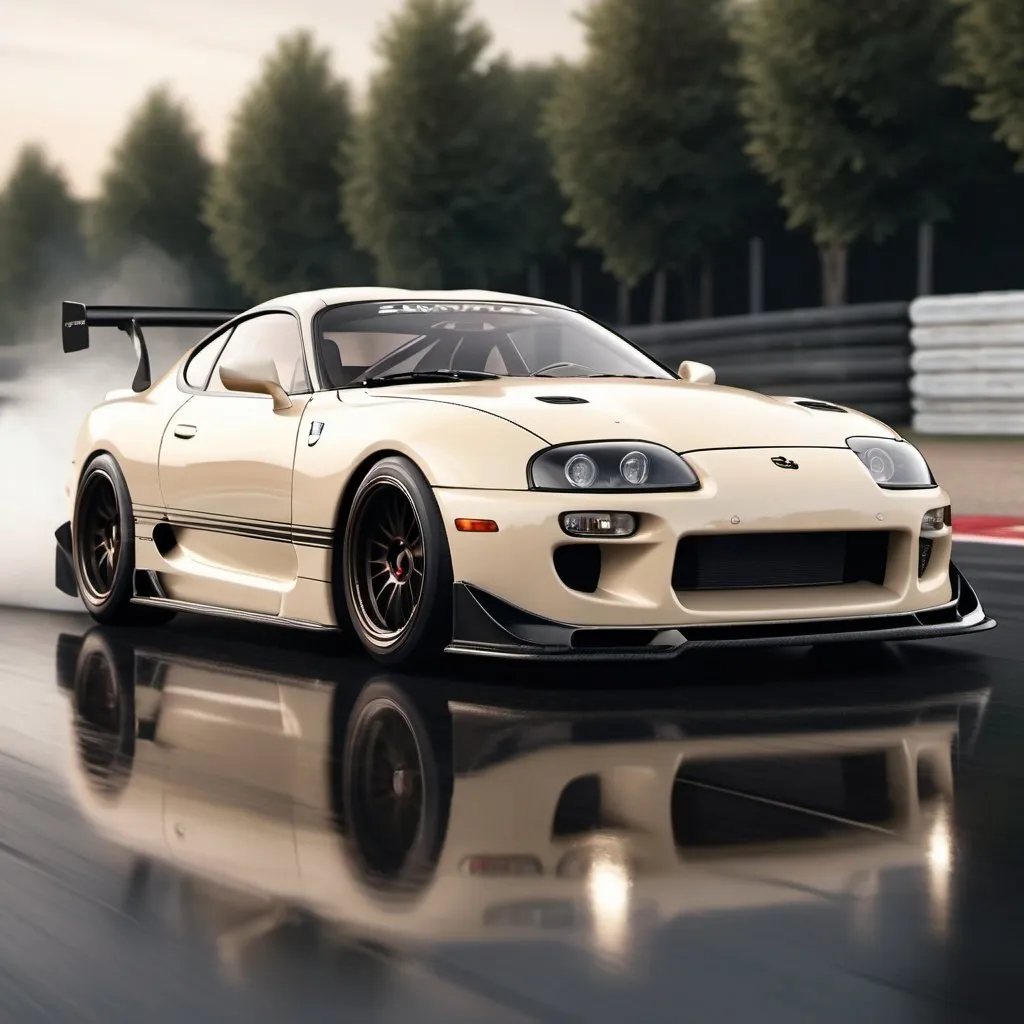 Prompt: Realistic rendering of a Supra MK4 drifting, cream color, carbon hood, retro vibe, detailed car, high-quality, dynamic drifting, realistic, carbon fiber, black accents, intense motion blur, professional, atmospheric lighting, retro