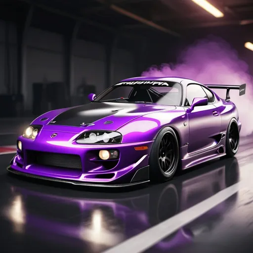 Prompt: Realistic rendering of a dynamic drifting Supra MK4, carbon hood, vibrant purple, high-quality, retro vibe, detailed car, intense motion blur, retro, carbon fiber, black accents, professional, atmospheric lighting