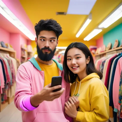 Prompt: Under vibrant lighting, two individuals pose playfully in a colorful clothing store adorned with traditional garments hanging in the background. The young man, sporting a light pink sweatshirt and a well-groomed beard, looks into his phone with a relaxed expression, while the woman beside him, wearing a bright yellow shirt, leans in playfully, resting her chin on her hand with a warm smile. Their poses reflect a casual camaraderie, accentuated by the lively patterns of the outfits behind them, which showcase intricate designs and lively colors. The scene captures a moment of joy and friendship, set against the bustling backdrop of a retail environment, with a timestamp overlay indicating it’s Monday at 1:43 PM.