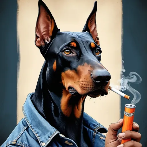 Prompt: movie poster with picture of Doberman smoking cigarette  in 2d in the art style of jynco jeans no text