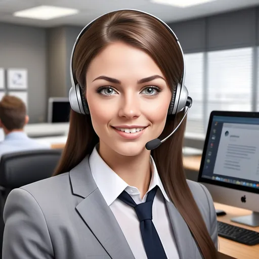 Prompt: Realistic customer service avatar with technical expertise, photo-realistic office background, professional attire, detailed facial features, high-quality, photorealistic, customer service expert, office setting, realistic lighting, modern design, detailed expression, realistic materials, professional demeanor, detailed background, highres, detailed realism, neutral color palette, with a phone