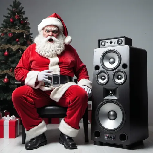 Prompt: A creepy santa that is looking dangerously mad having a big speaker with large tweeters on his lap and a mirror with cocaine lines on the table next to him