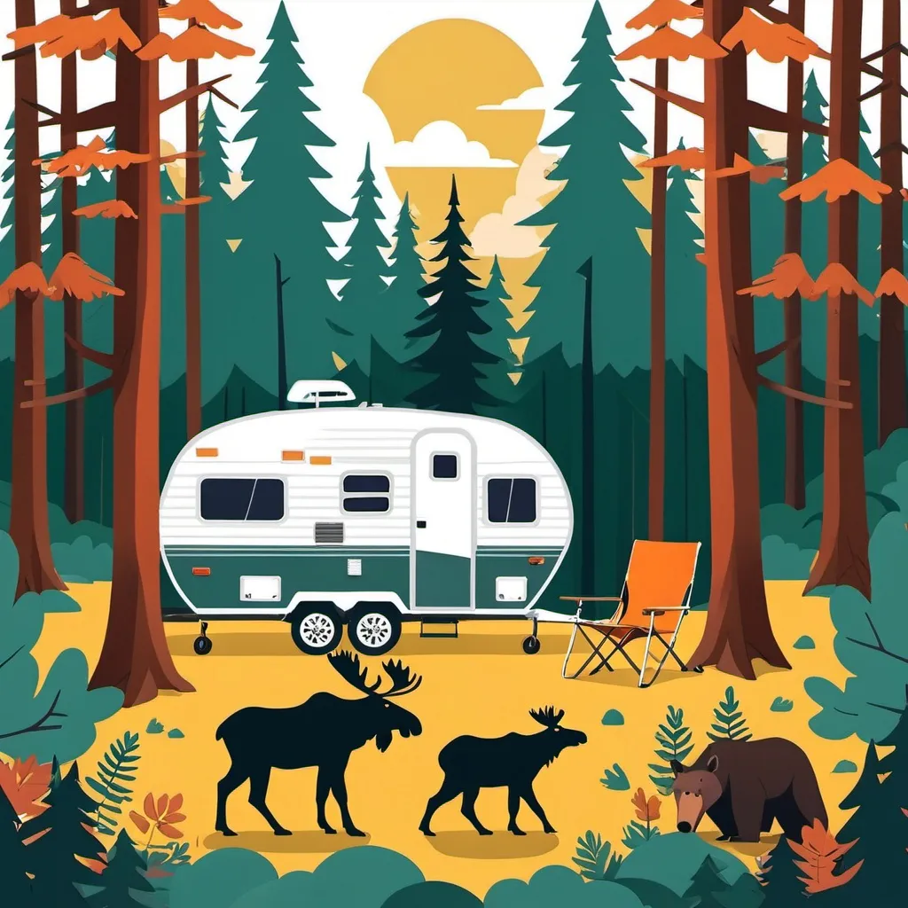 Prompt: A flat illustration of a camper in a forest with moose and bears