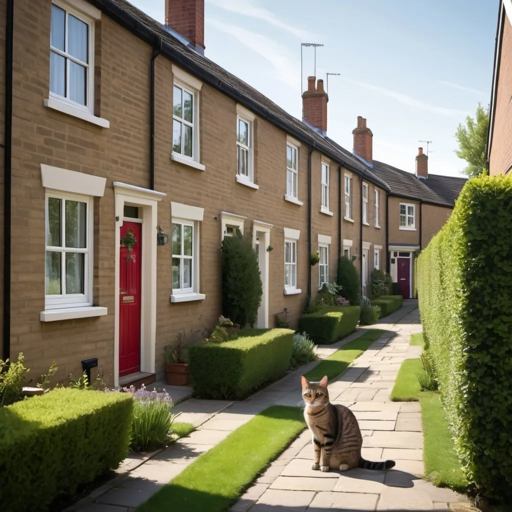 Prompt:  An image of a perfectly ordinary suburban street, Privet Drive, on a bright morning. Rows of identical houses with neat gardens, all looking quiet and peaceful. A tabby cat sits on a garden wall, intently watching the surroundings. The atmosphere should feel mundane and typical of a quiet British neighborhood.