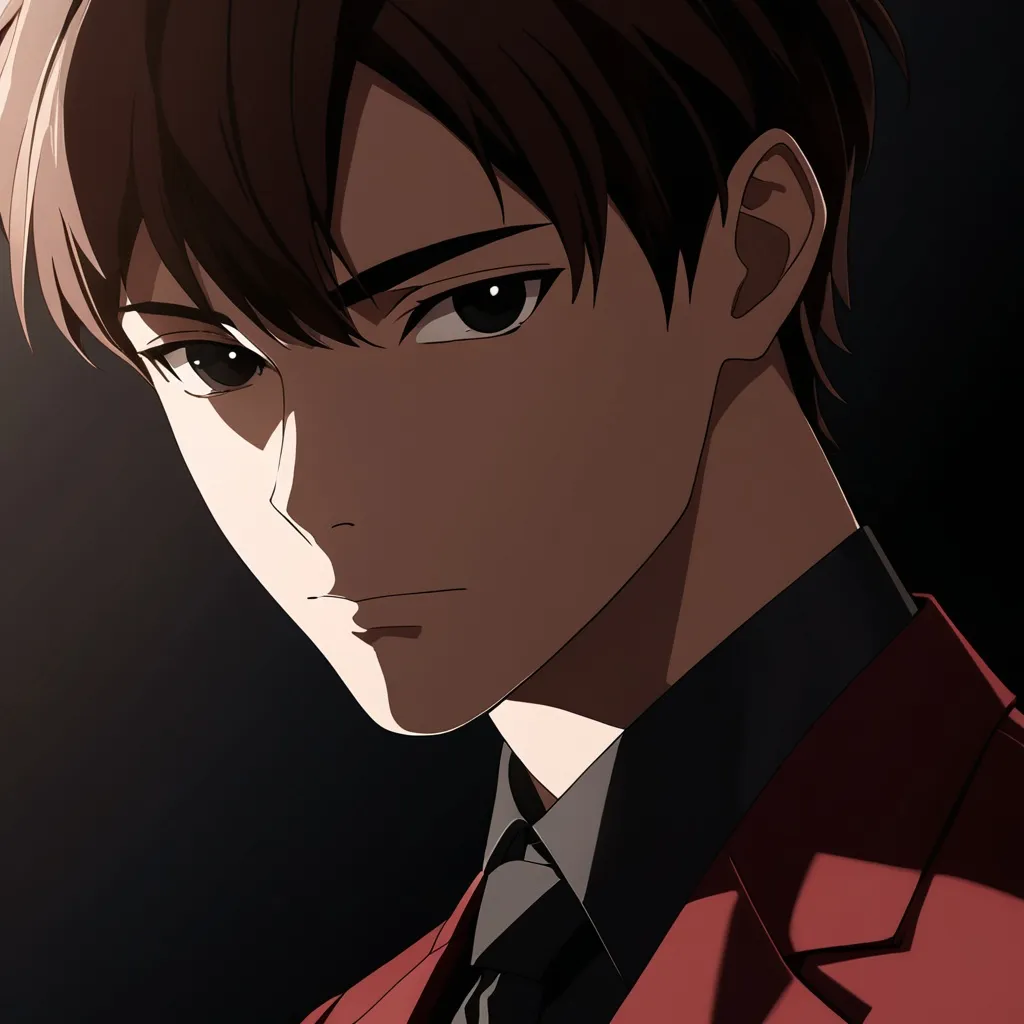 Prompt: A 21-year-old man with jet-black eyes, an angular face, and sleek, parted chestnut brown hair, wearing a sleek dark red suit, is photographed in a two-thirds close-up, with subtle anime-inspired shadow effects and dramatic lighting.