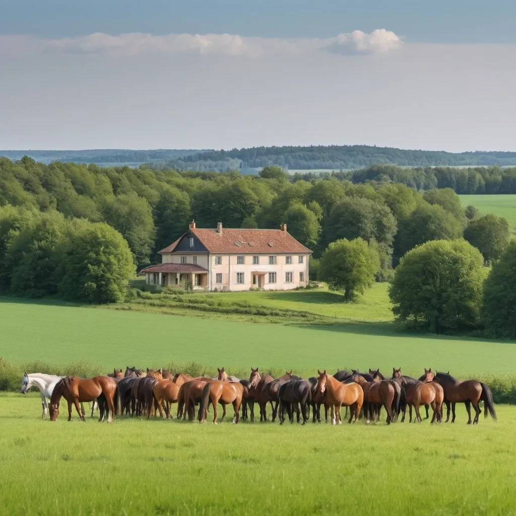 Prompt: A house on countryside with a flat landscape and a forest in the background, surrounded by green fields and 10 horses