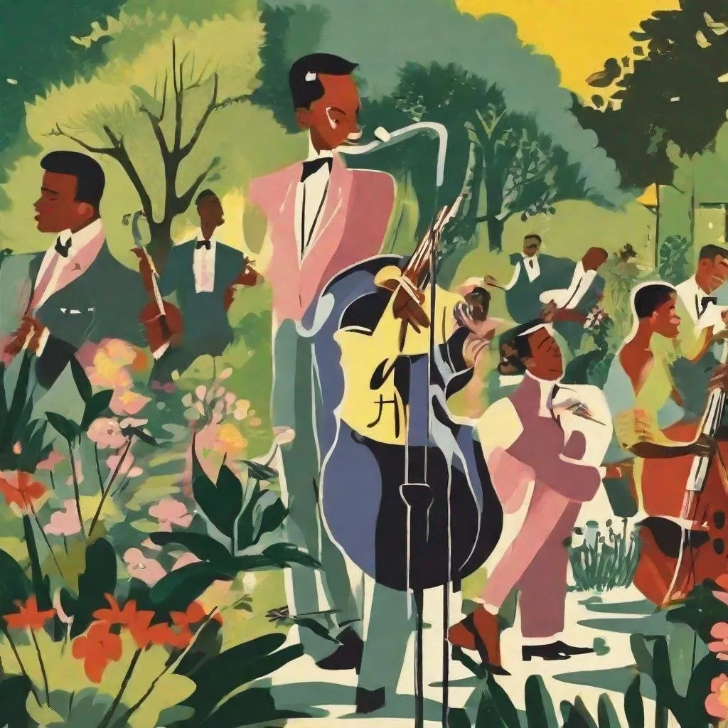 Prompt: Jazz in garden, 50's editorial color illustration