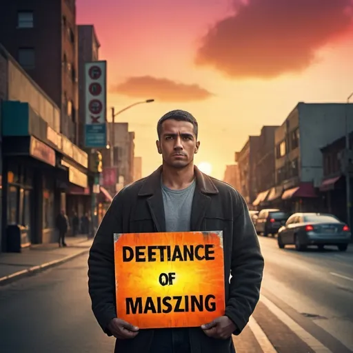 Prompt: (the man with the sign), standing confidently, street scene, textured urban background, expressive face showing determination, holding a vibrant, colorful sign, dynamic lighting, capturing the hustle of the city, contrast of harsh concrete and warm sunset glow, people in the distance, inviting ambiance, high quality, ultra-detailed, cinematic atmosphere.