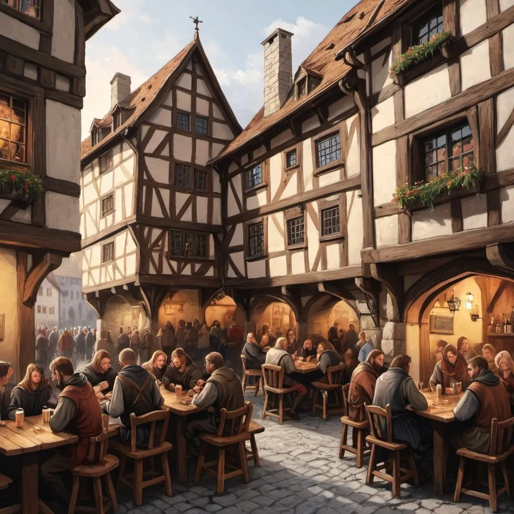 Prompt: ilustration outside of a crowded medieval tabern
