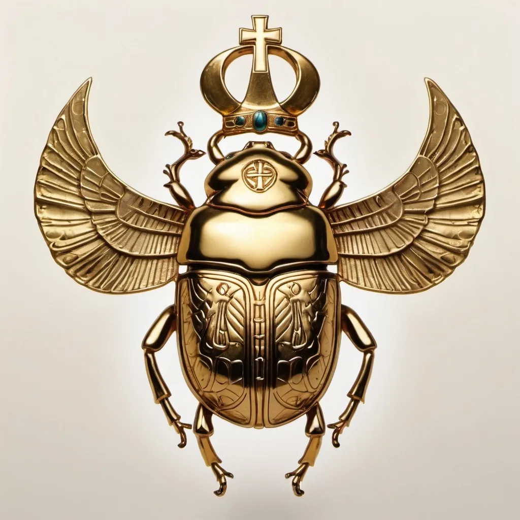 Prompt:  gold scarab beetle with an ankh cross design on its back wearing a crown 