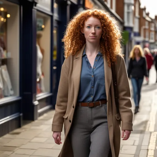 Prompt: Tall ginger curly haired 40 woman walking down the high street, detailed clothing, realistic, natural lighting