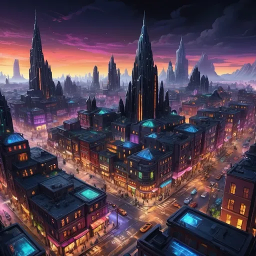 Prompt: Modern obsidian city fairytale, vibrant colors, bustling streets, glowing lights, urban fantasy, detailed architecture, high-quality, digital art, modern, magical, colorful, obsidian city, bustling streets, vibrant colors, glowing lights, urban fantasy, detailed architecture
