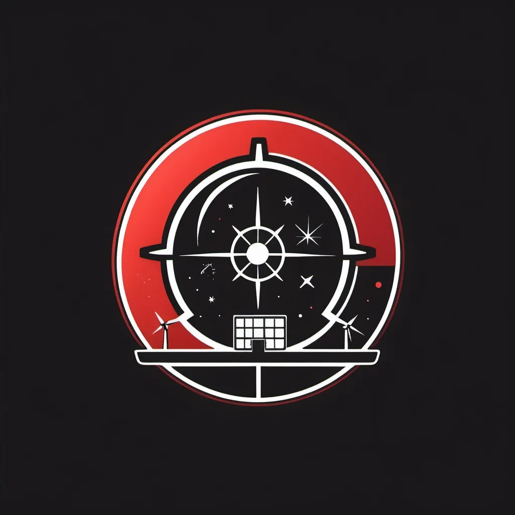 Prompt: a red and black minimalistic logo design with electricity, solar panel, and space station