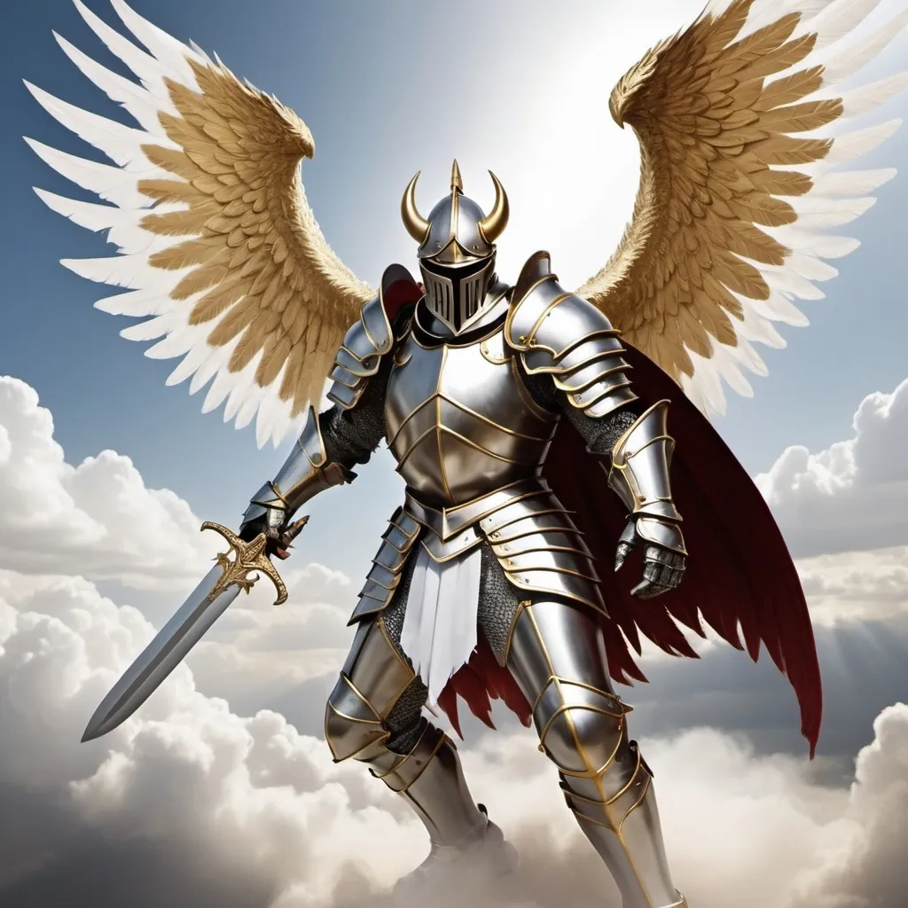 Prompt: Knight with heavy Armour flying fast with his big white feather wing the Armour has a golden outline the head has a white hood and no face and the sword is golden outline fighting a devil with demon wing and tail and sharp claw fighting I'm the sky