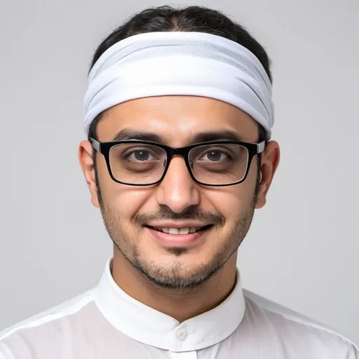 Prompt: a man in a white shirt and glasses posing for a picture with a white background and a black headband, Abdullah Gërguri, hurufiyya, professional photo, a character portrait