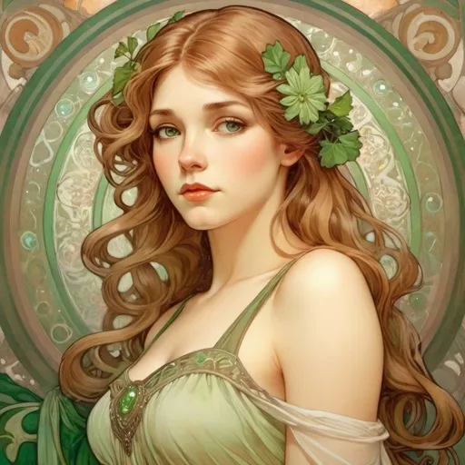 Prompt: A beautiful young white woman with light brown hair and green eyes wearing a dress.